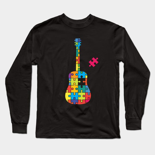 Color Puzzle Acoustic Guitar Silhouette Long Sleeve T-Shirt by nightsworthy